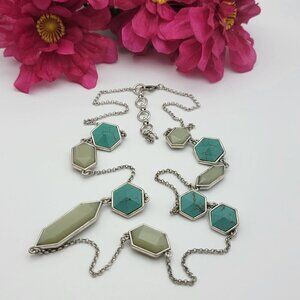 Lucky Brand Silver Tone Long Chain Faux Turquoise Station Necklace 35 Inch